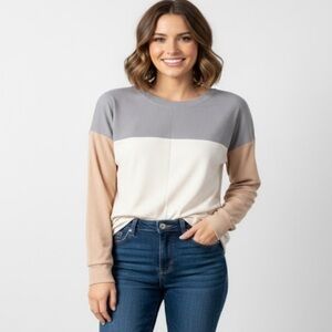Women's Long Sleeve Colorblock Top - Gray, Cream, Tan Size L